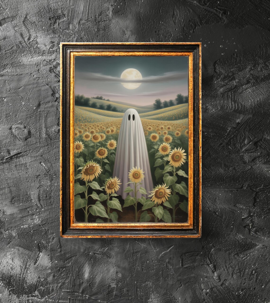 Ghost in Sunflower Field Full Moon Vintage Halloween Art Poster