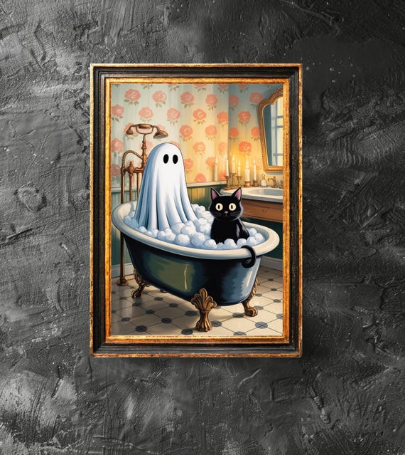 Cat In Bathtub Poster Spooky Bubblebath Art Retro Halloween Print Bathroom Decor