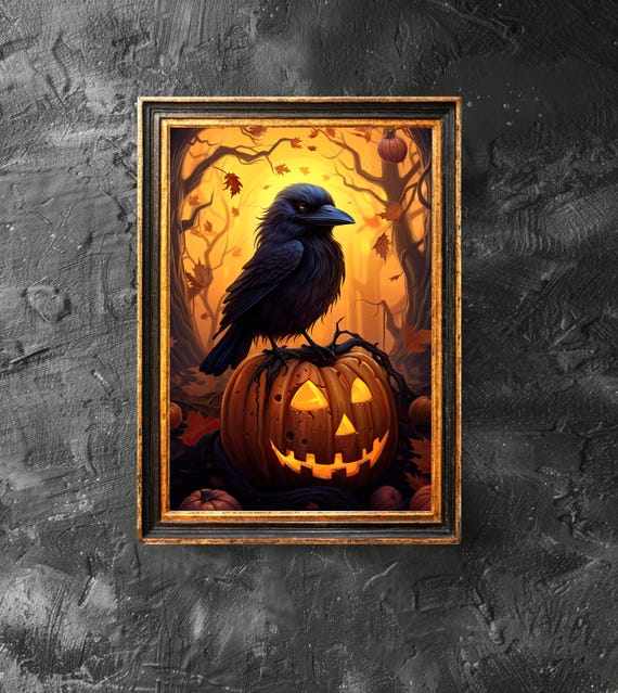 Black Crow On A Jack O Lantern Art Lover Gift Gothic Victorian Autumn Halloween Decor