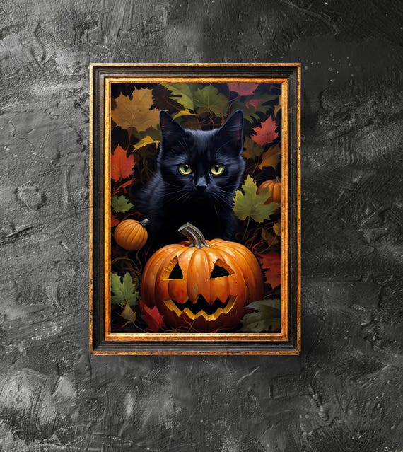 Black Cat With Pumpkin Halloween Poster Art Lover Gift Vintage Decor