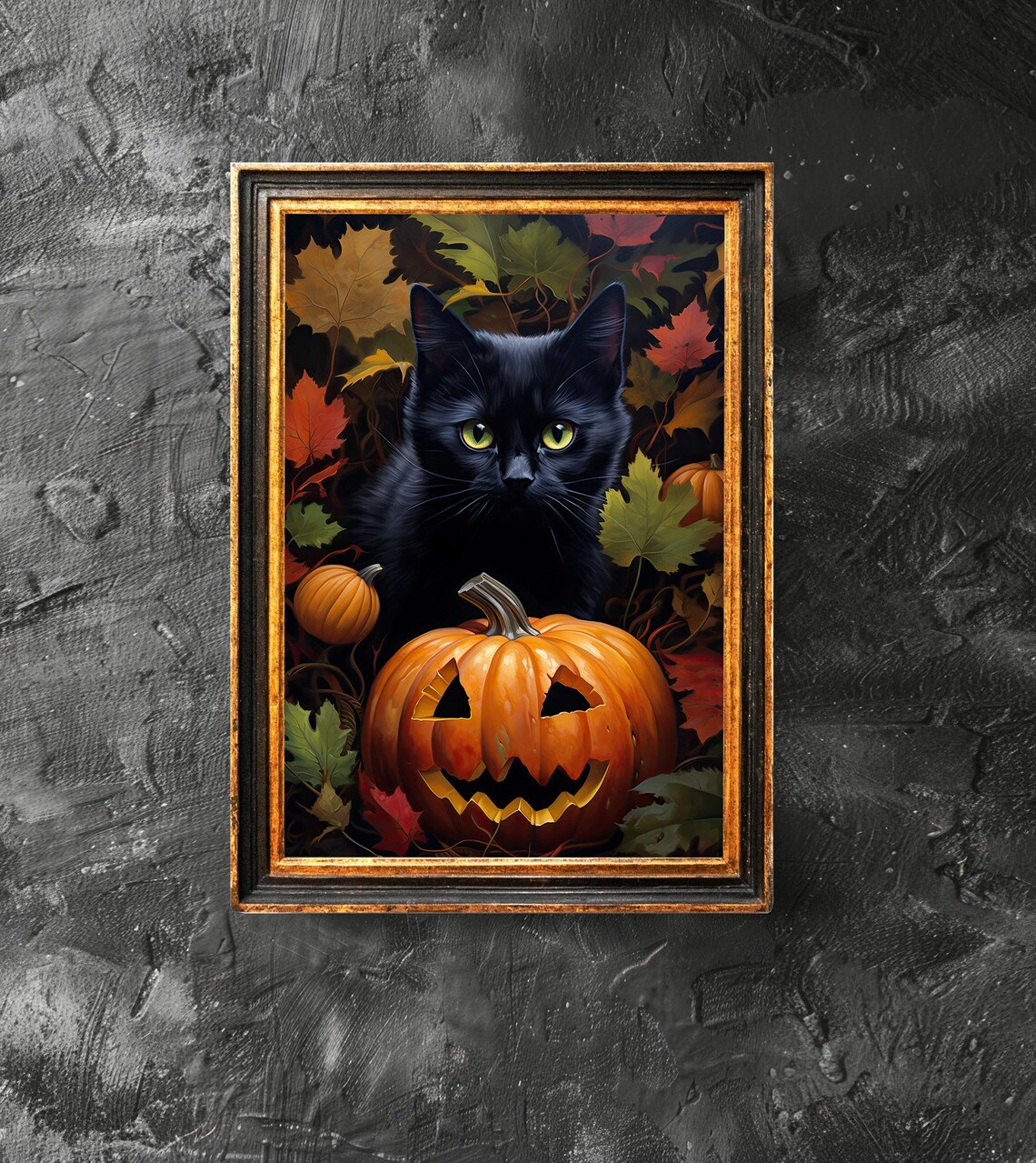 Black Cat with Green Eyes and Jack-o-Lantern Halloween Autumn Poster