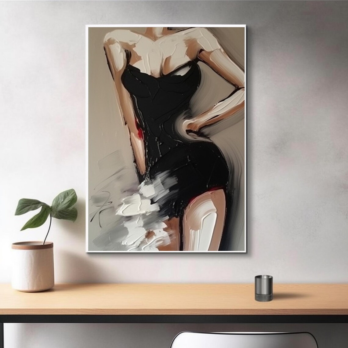 Woman in Black Dress Back View White Floral Detail Art Poster - Image 3