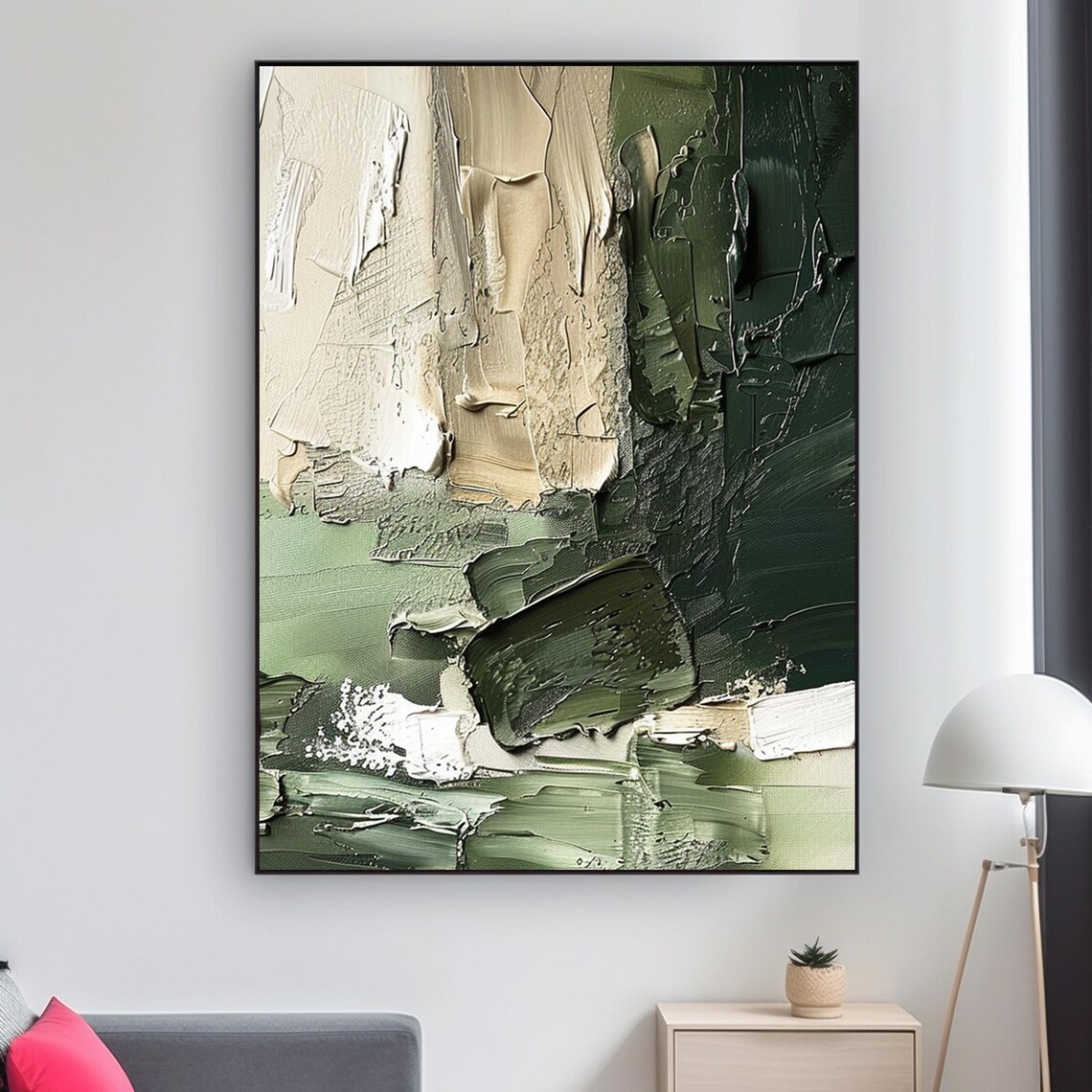 Olive Green Beige Abstract Brushstrokes Textured Modern Art Poster - Image 2