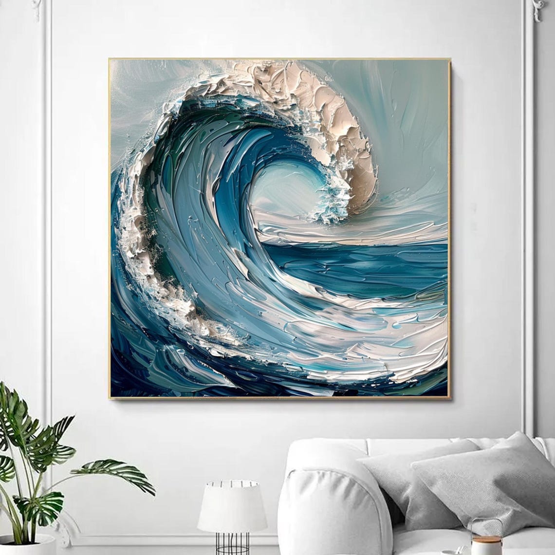 Deep Blue Curling Ocean Wave Impasto Textured Seascape Poster