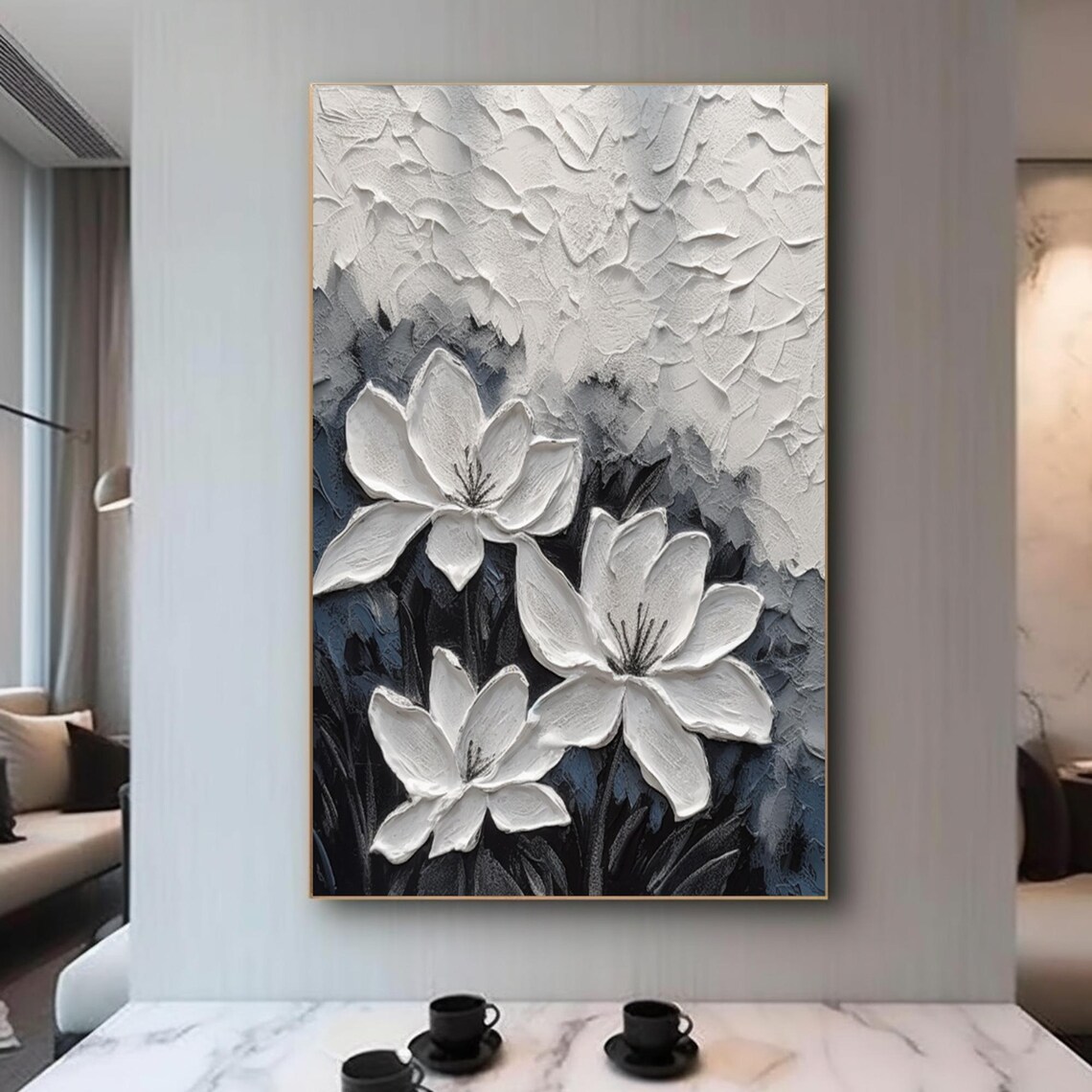 White Blooming Flowers With Heavy 3D Texture On Blue Gray Wall Art - Image 3