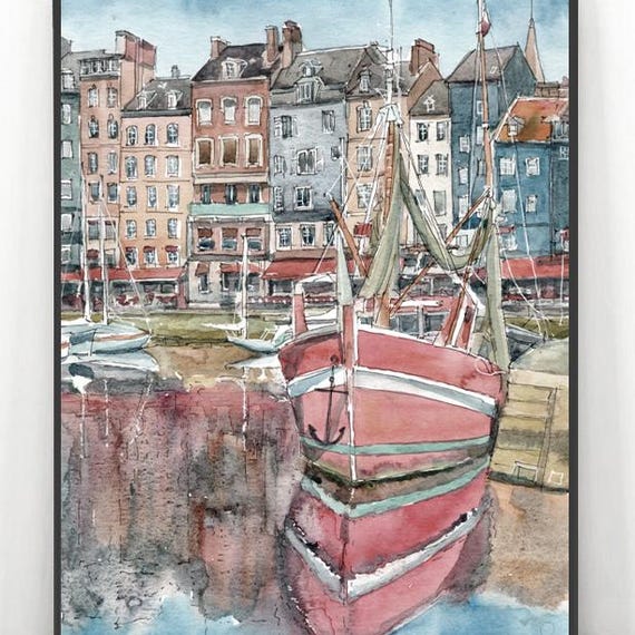 Normandie Honfleur Painting France Art Watercolor Old Town Print European City Travel Poster