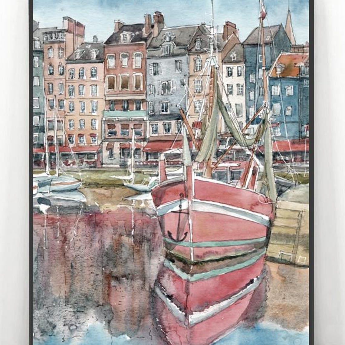 Normandie Honfleur Painting France Art Watercolor Old Town Print European City Travel Poster