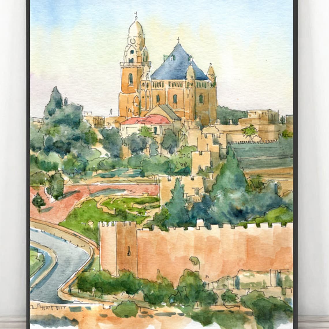 Jerusalem Mount Zion Old City Walls Watercolor Church View Poster
