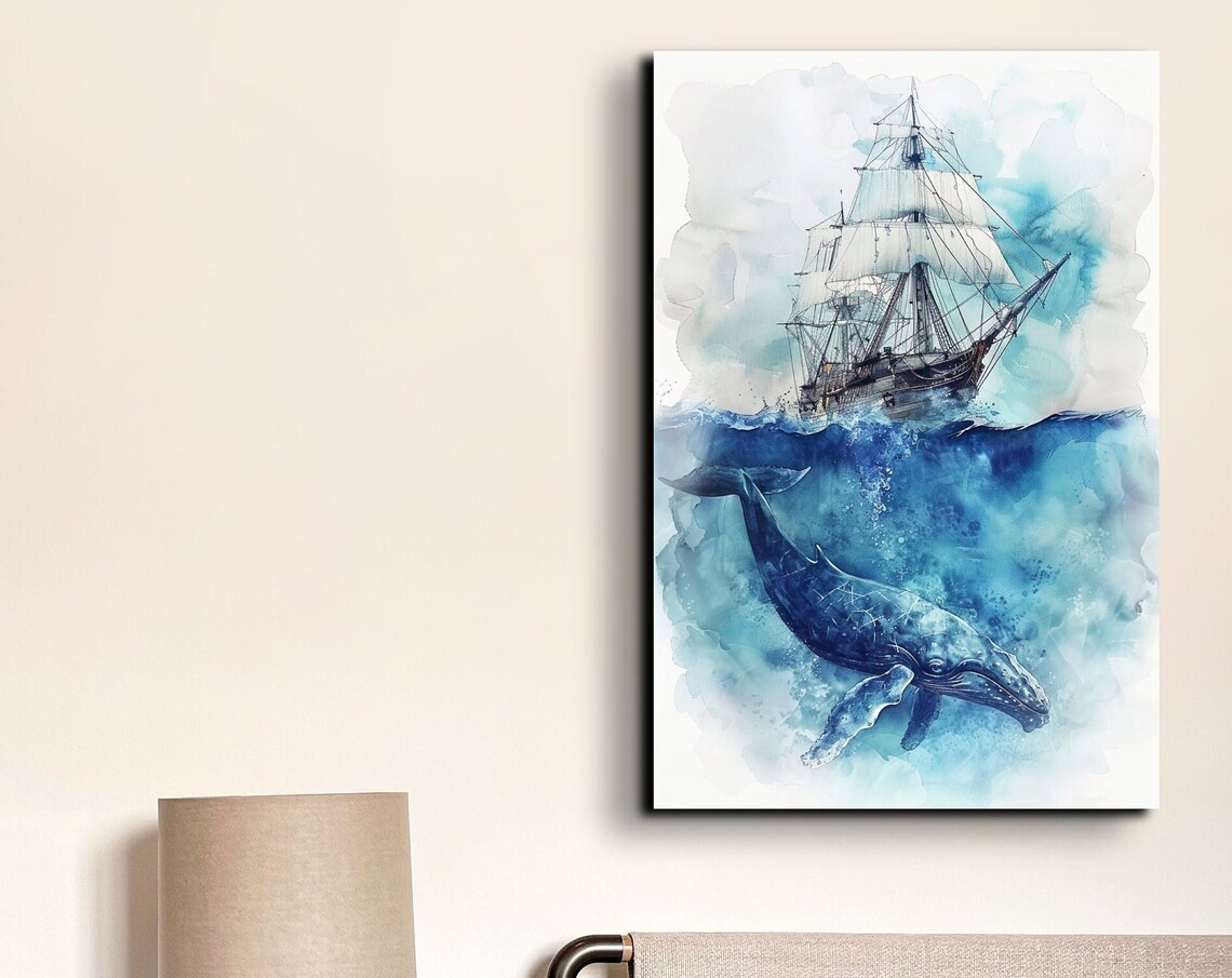 Whale Pirate Ship Watercolor Art Print, Nursery