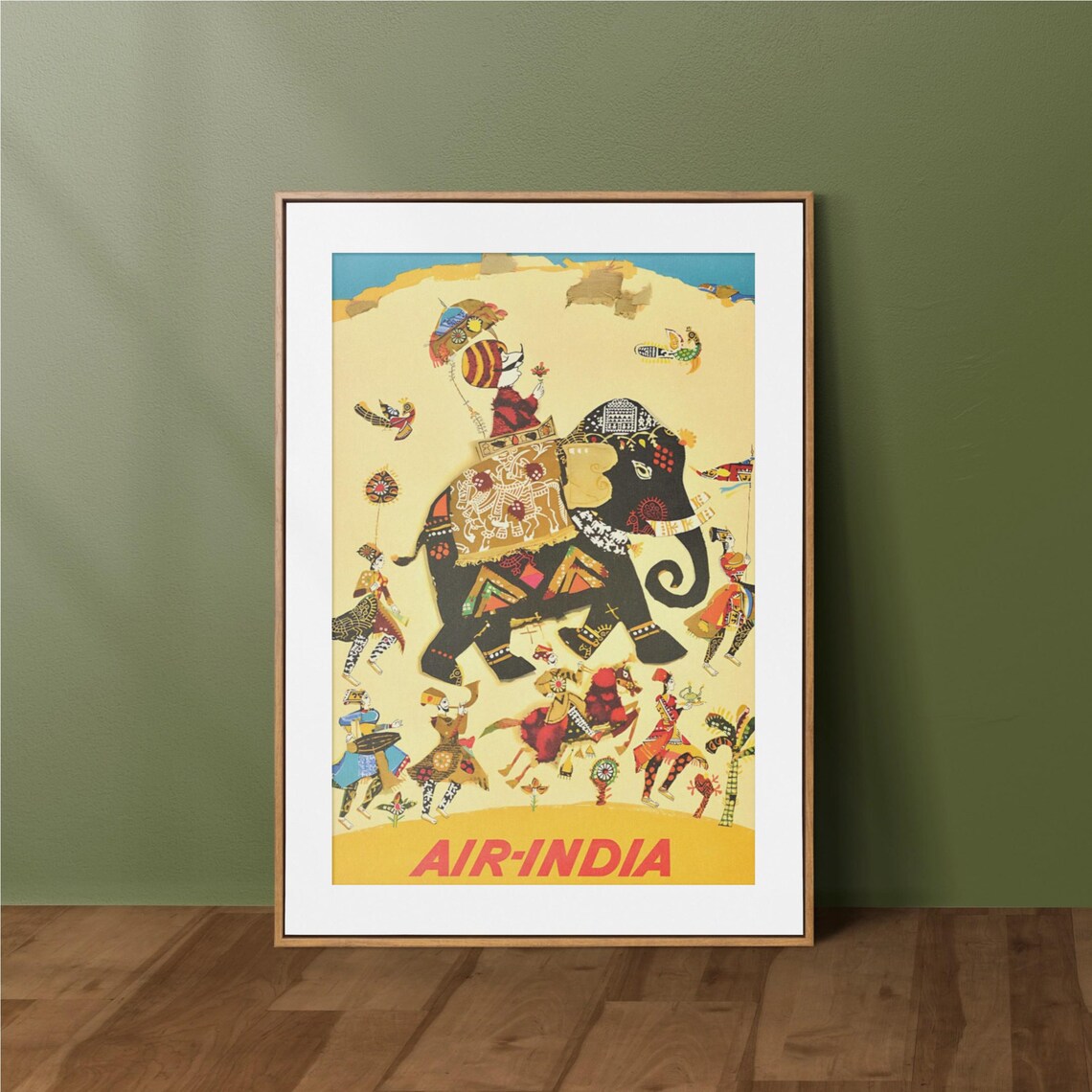 Classic Air India Elephant Parade Folk Art Vintage Travel Poster