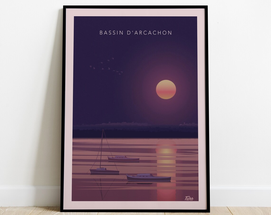 Bassin d'Arcachon Sunset Sailboats Moonlit Bay Retro Travel Poster
