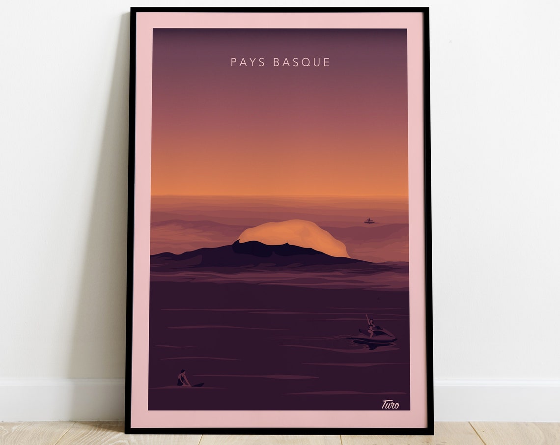 Basque Country Ocean Sunset Surfers Purple Retro Travel Poster