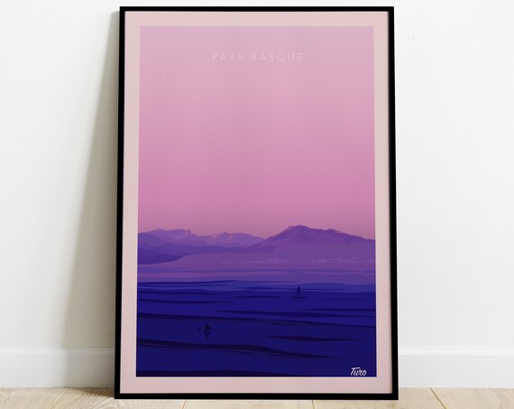 Pays Basque Purple Sunset Surf Over Ocean Vintage Travel Poster