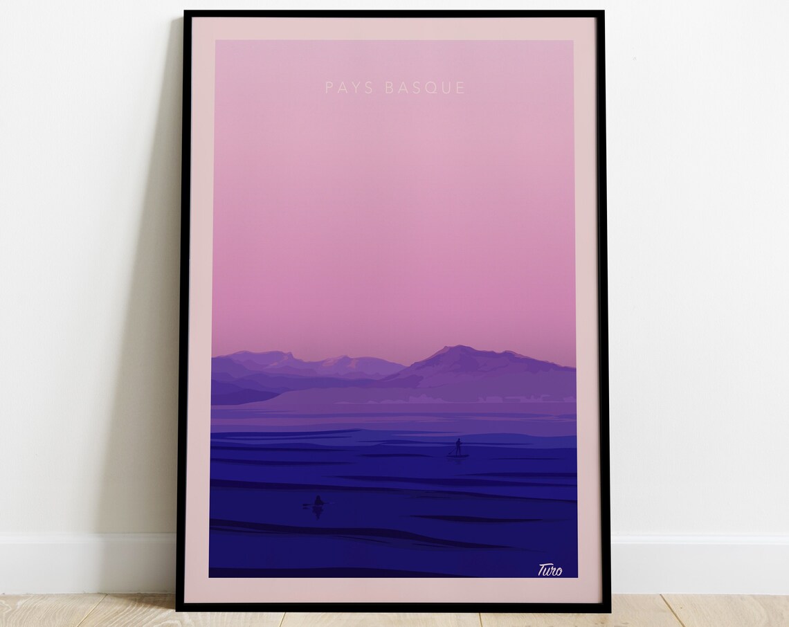 Pays Basque Purple Sunset Surf Over Ocean Vintage Travel Poster