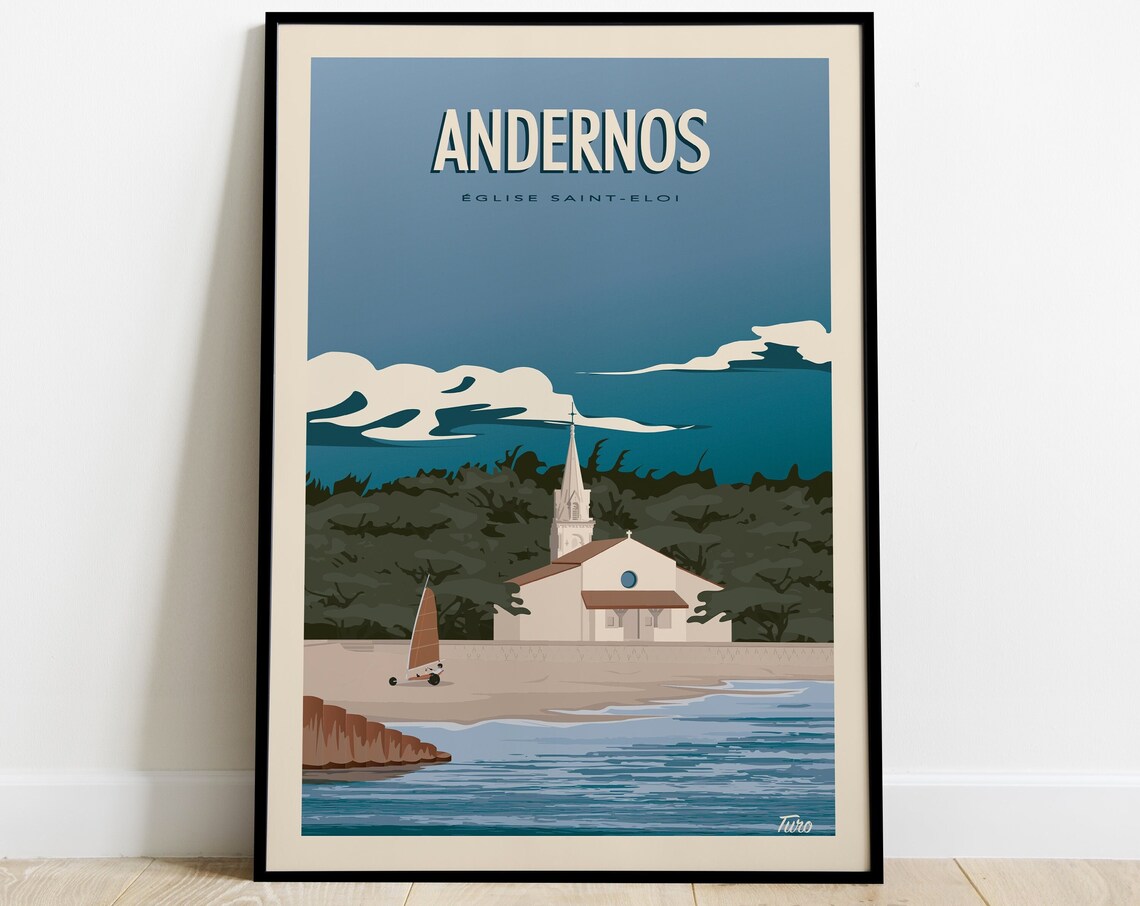 Andernos Vintage Travel Poster, Eglise Saint Eloi