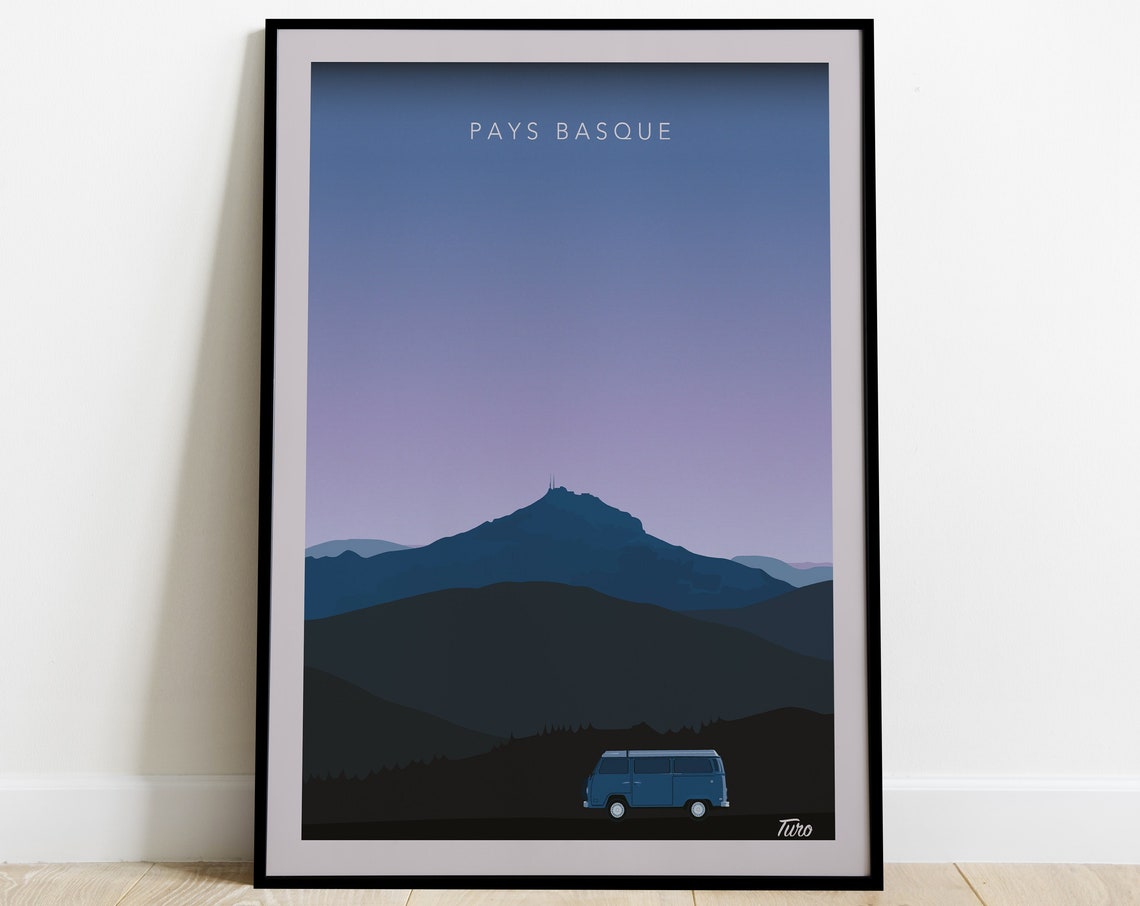Basque Country Camper Van Night Mountain Retro Van Life Travel Poster