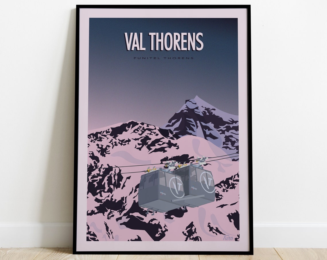 Val Thorens Funitel Gondola Over Pink Snow Vintage Travel Poster - Image 3