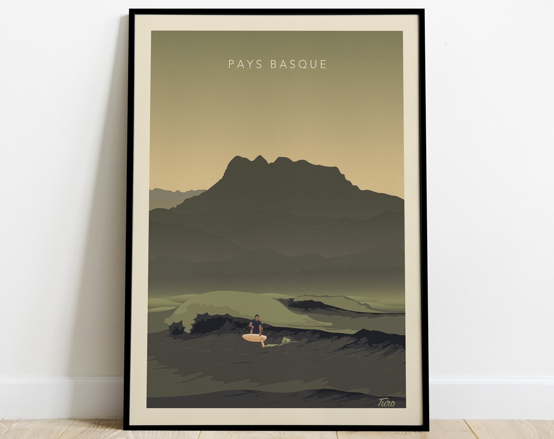 Basque Country Surfer Wave Vintage Retro Coastal Travel Poster