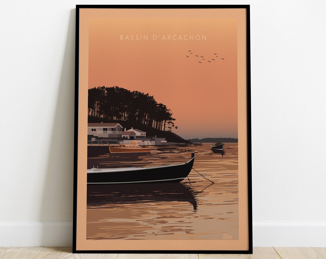 Bassin D'Arcachon Pinasse Boat Moored At Sunset Travel Poster - Image 3