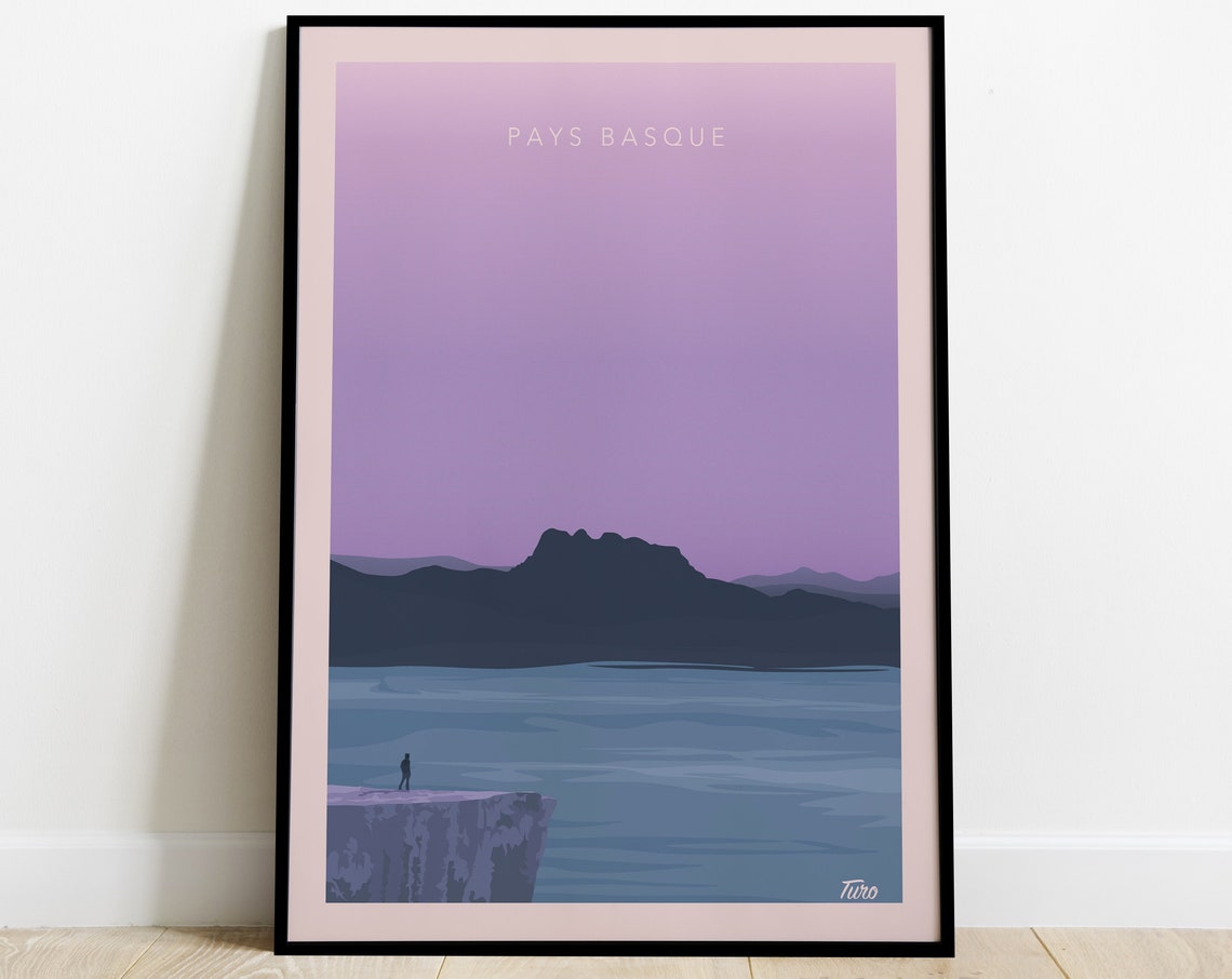 Basque Country Mountain Coast Cliff Sunset Retro Travel Poster