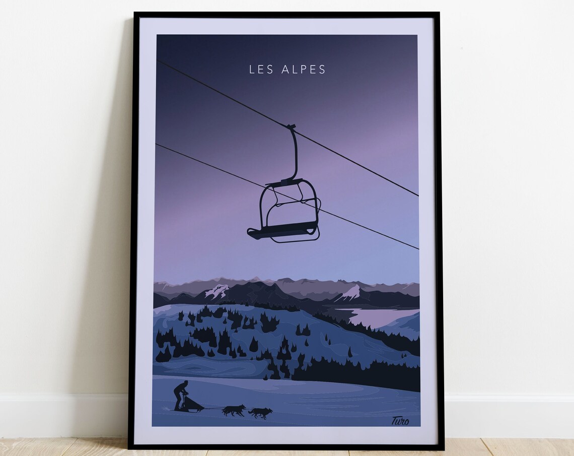 Les Alpes Chairlift Sled Dogs Musher Purple Dusk Travel Poster