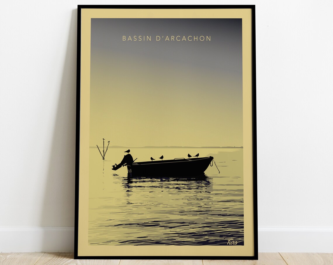 Bassin d'Arcachon Fisherman Boat Golden Lagoon Retro Travel Poster