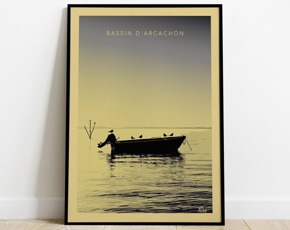 Bassin d'Arcachon Fisherman Boat Golden Lagoon Retro Travel Poster