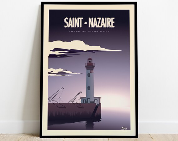 Saint-Nazaire Phare du Vieux Mole Lighthouse Dusk Retro Travel Poster