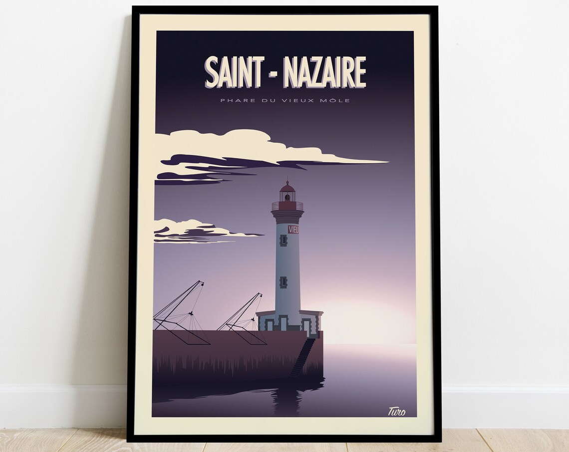 Saint-Nazaire Phare du Vieux Mole Lighthouse Dusk Retro Travel Poster