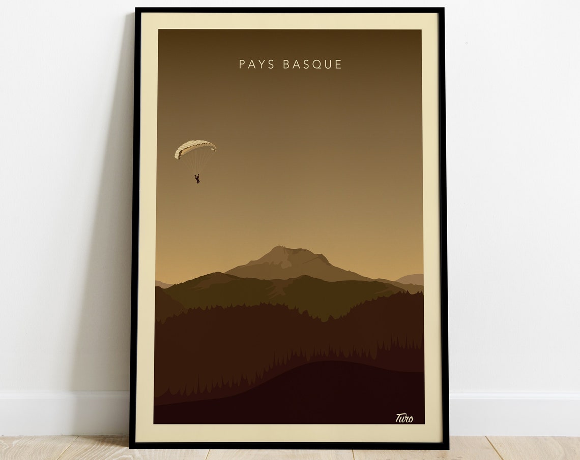 Pays Basque Paraglider Over Mountains In Sepia Travel Poster