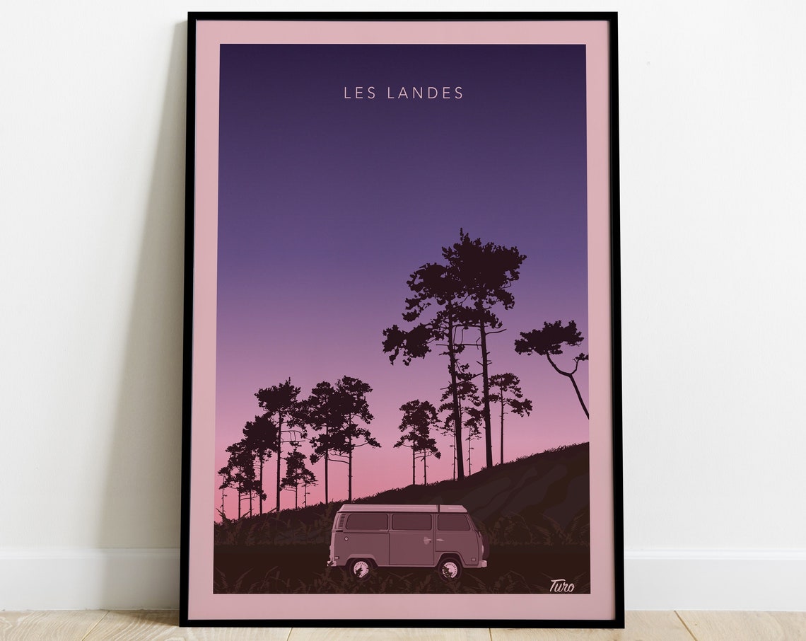 Les Landes Camper Van Pine Forest Dusk Retro Van Life Travel Poster