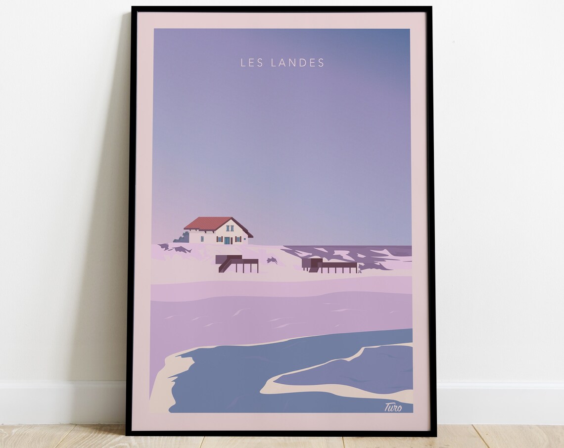 Les Landes Dune House Sunset Minimalist France Vintage Travel Poster
