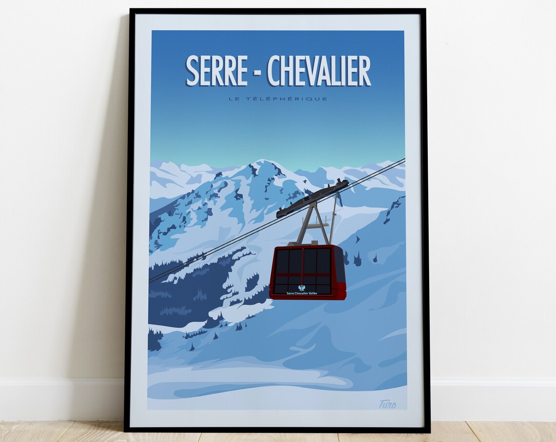 Serre Chevalier Cable Car Over Snowy Slopes Vintage Travel Poster