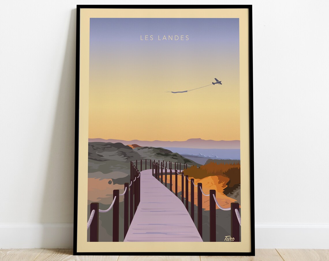 Les Landes Dune Boardwalk Sunset Airplane Banner Vintage Travel Poster