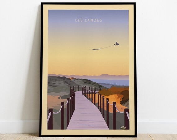 Les Landes Dune Boardwalk Sunset Airplane Banner Vintage Travel Poster
