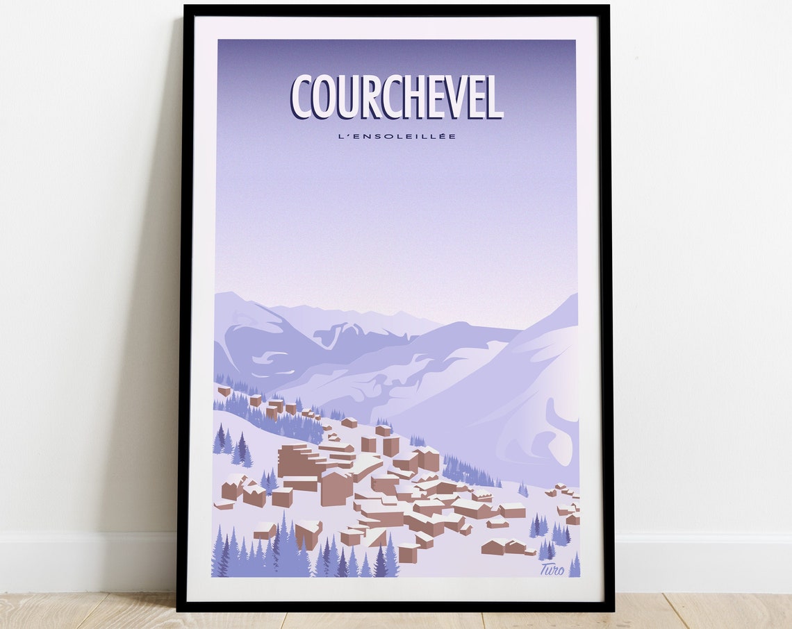 Courchevel L'Ensoleillee Snowy Village Alps Retro Ski Travel Poster