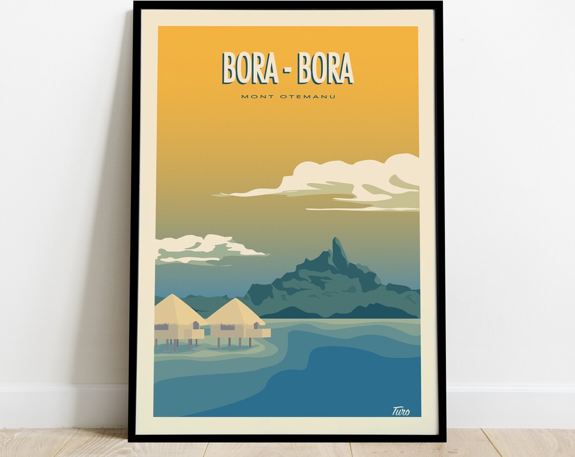 Bora-Bora Mont Otemanu Overwater Bungalows Golden Travel Poster
