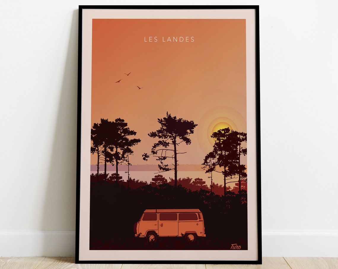 Les Landes Camper Van Under Pines Sunset Vintage Travel Poster - Image 3