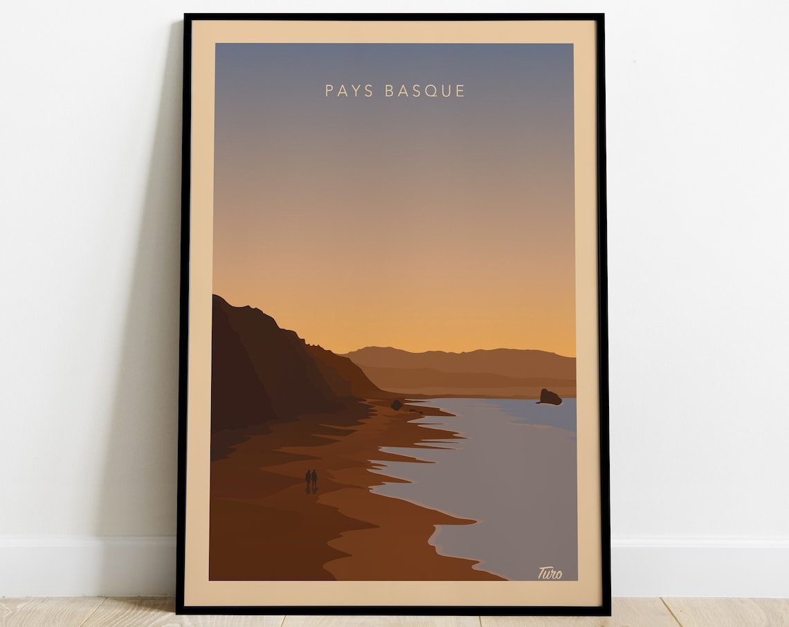 Basque Country La Corniche Sunset Beach France Retro Travel Poster