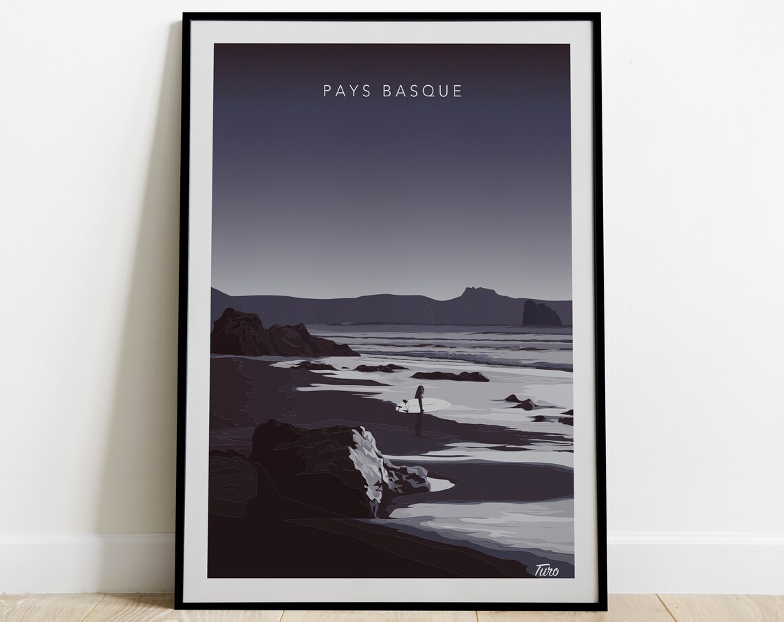 Pays Basque Surfer And Dog On Rocky Beach Night Travel Poster