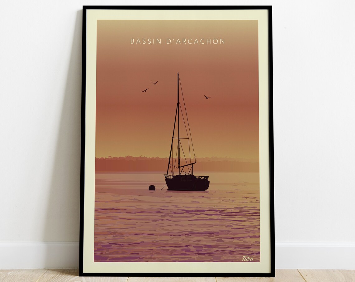 Bassin D'Arcachon Sailboat Sunset Harbor Vintage Travel Poster - Image 3