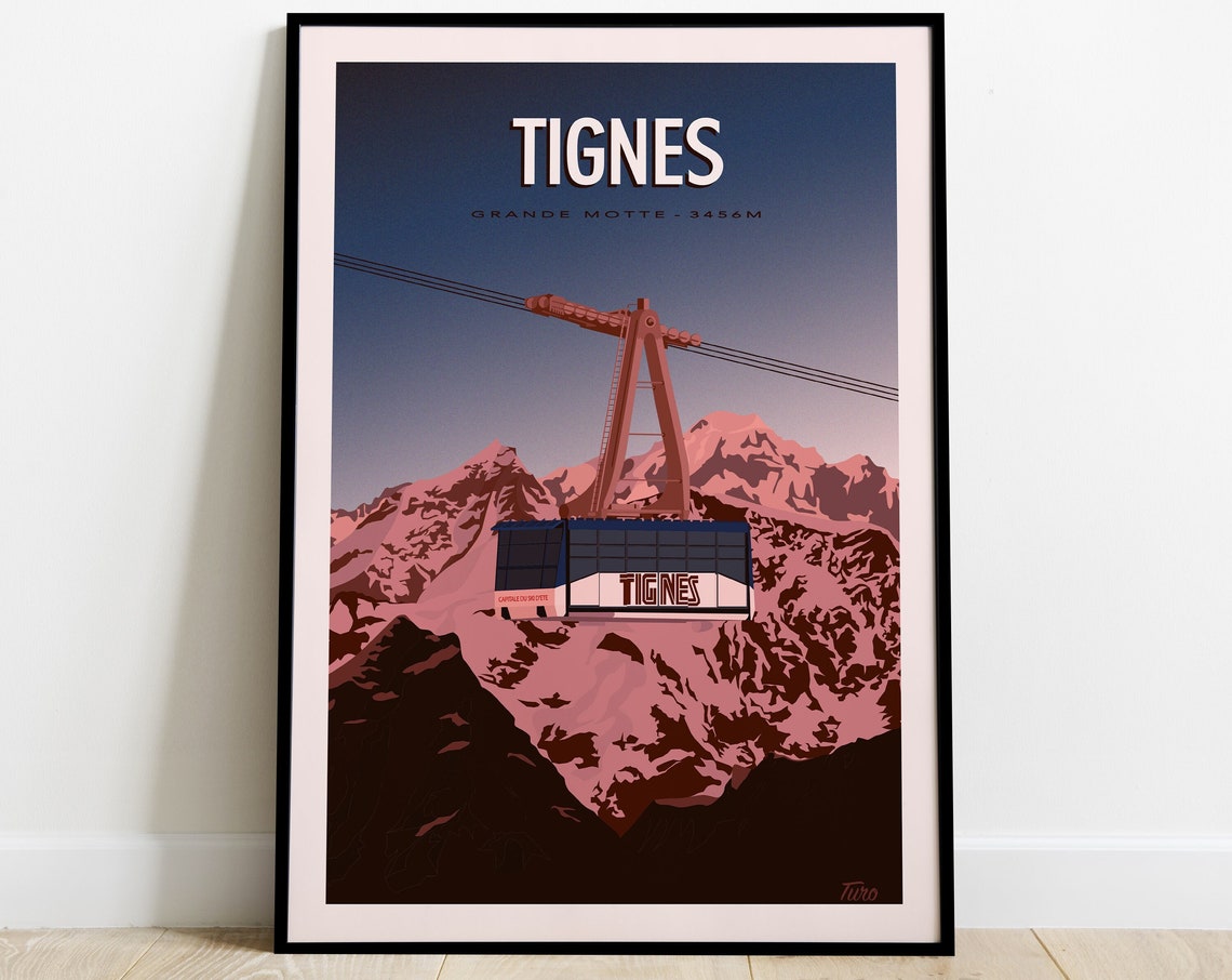 Tignes Grande Motte 3456m Cable Car Alpine Retro Ski Travel Poster
