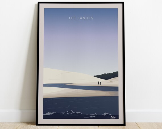 Les Landes White Dunes Walkers At Dusk Vintage Travel Poster