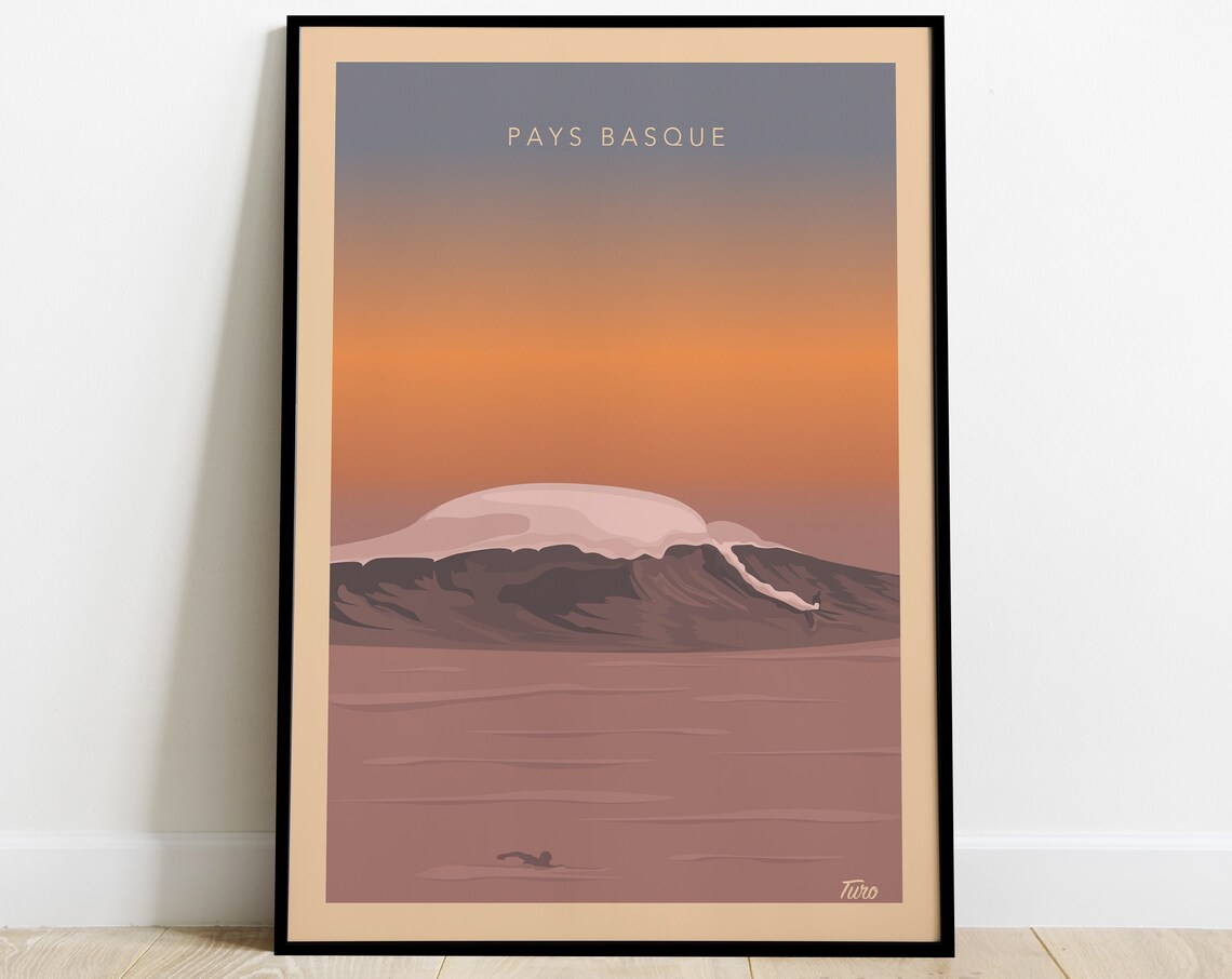 Basque Country Belharra Surf Wave Vintage Travel Poster