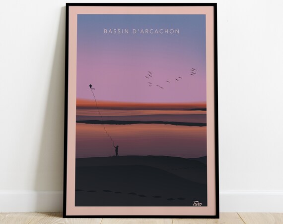 Bassin d'Arcachon Dune Child Kite Sunset Retro Travel Poster