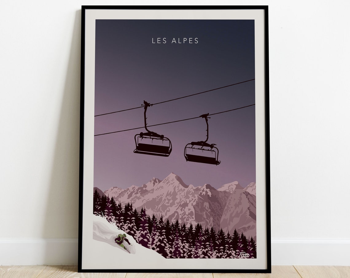 The Alps Travel Poster Chairlift Ski Travel Poster Vintage Mountains Winter Sports Poster
