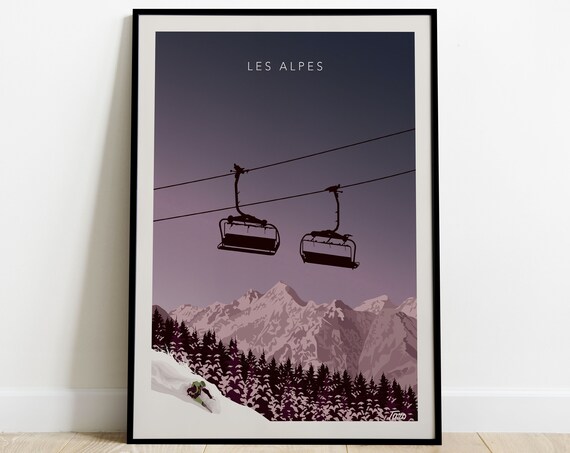 Les Alpes Chairlift Dusk Skier Powder Purple Ski Travel Poster