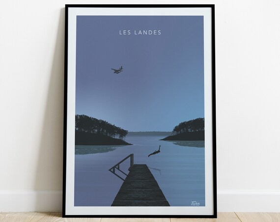 Les Landes Lake Pontoon Diver Dusk Minimalist France Travel Poster
