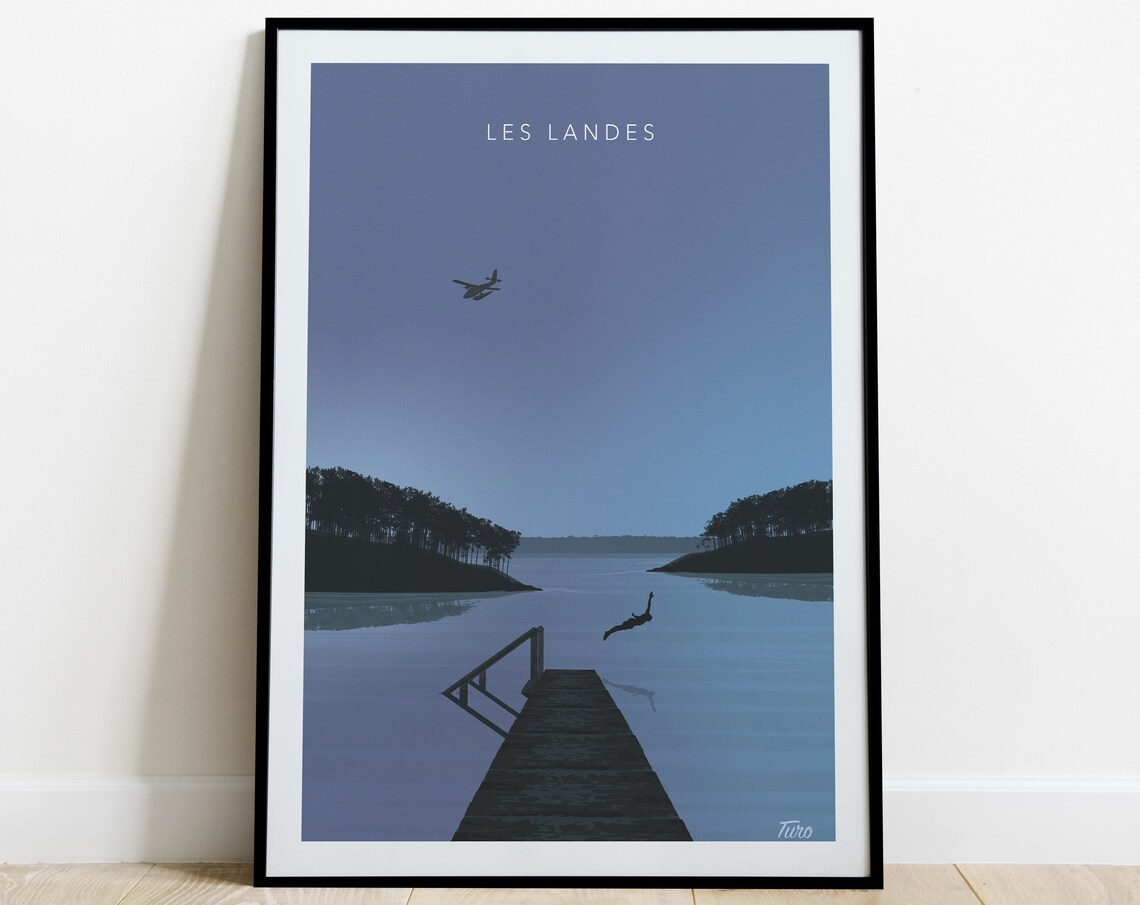 Les Landes Lake Pontoon Diver Dusk Minimalist France Travel Poster