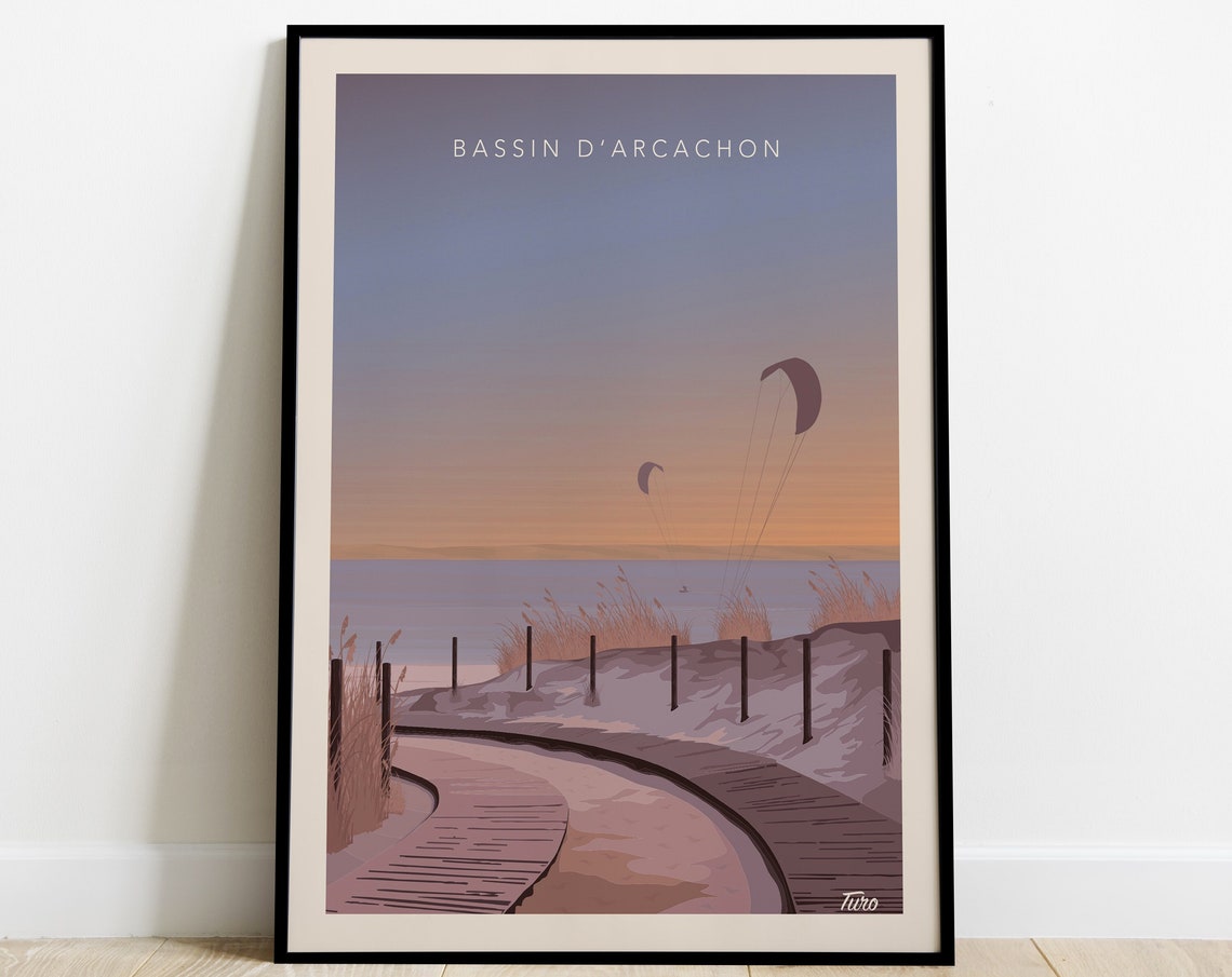 Bassin D'Arcachon Dune Boardwalk And Kitesurfers Travel Poster - Image 3